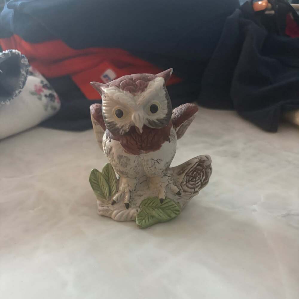 Vintage Ceramic Owl Figurine on Branch Brown White Green Woodland Decor